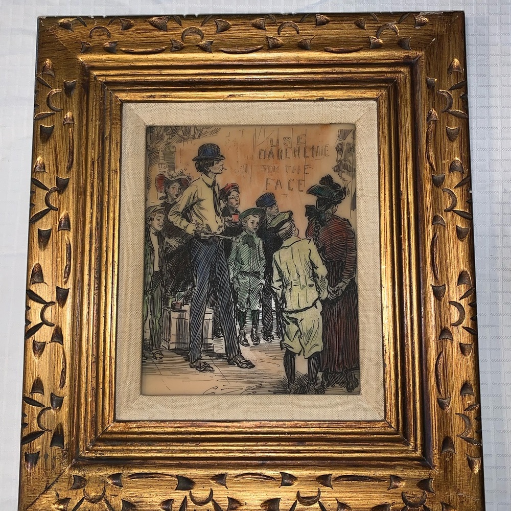 Vintage Hand painted Etched Engraved Signed Art 
Victorian Street scene